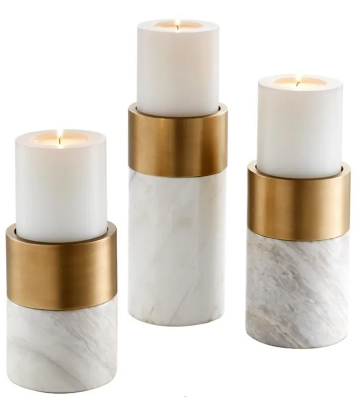 Top-Preis Casa Padrino Luxus Marmor Kerzenhalter Set Weiß / Messing - Wohnzimmer Deko