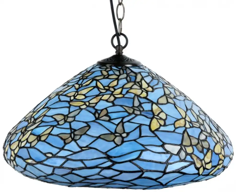 Casa Padrino Luxus Tiffany Hängeleuchte Schmetterlinge Blau / Mehrfarbig Ø 50 x H. 135 cm - Hängelampe aus zahlreichen Glas Mosaik Stücken Abverkauf