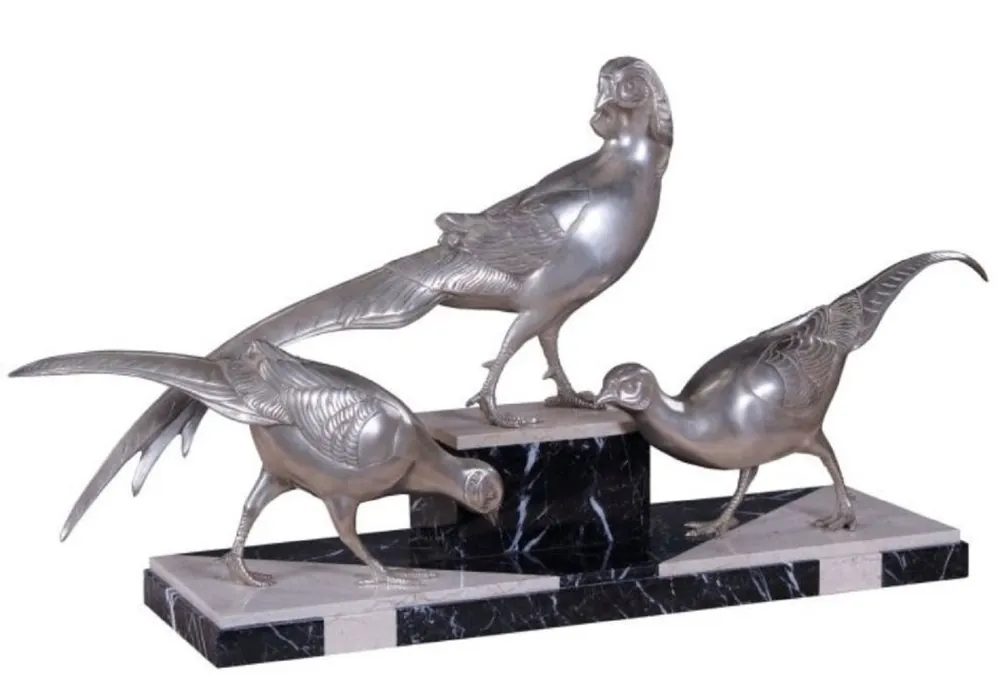 Saisonangebot Casa Padrino Luxus Deko Bronzefiguren 3 Fasane Silber / Schwarz / Weiß 84 x 20 x H. 42 cm - Versilberte Dekofiguren mit Marmorsockel
