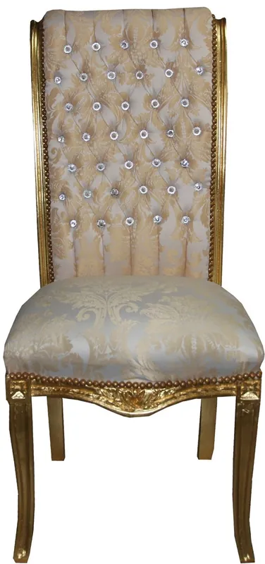 Sonderaktion Casa Padrino Barock Hochlehner Esszimmer Stuhl Creme Muster / Gold mit Bling Bling Glitzersteinen - Barock Möbel