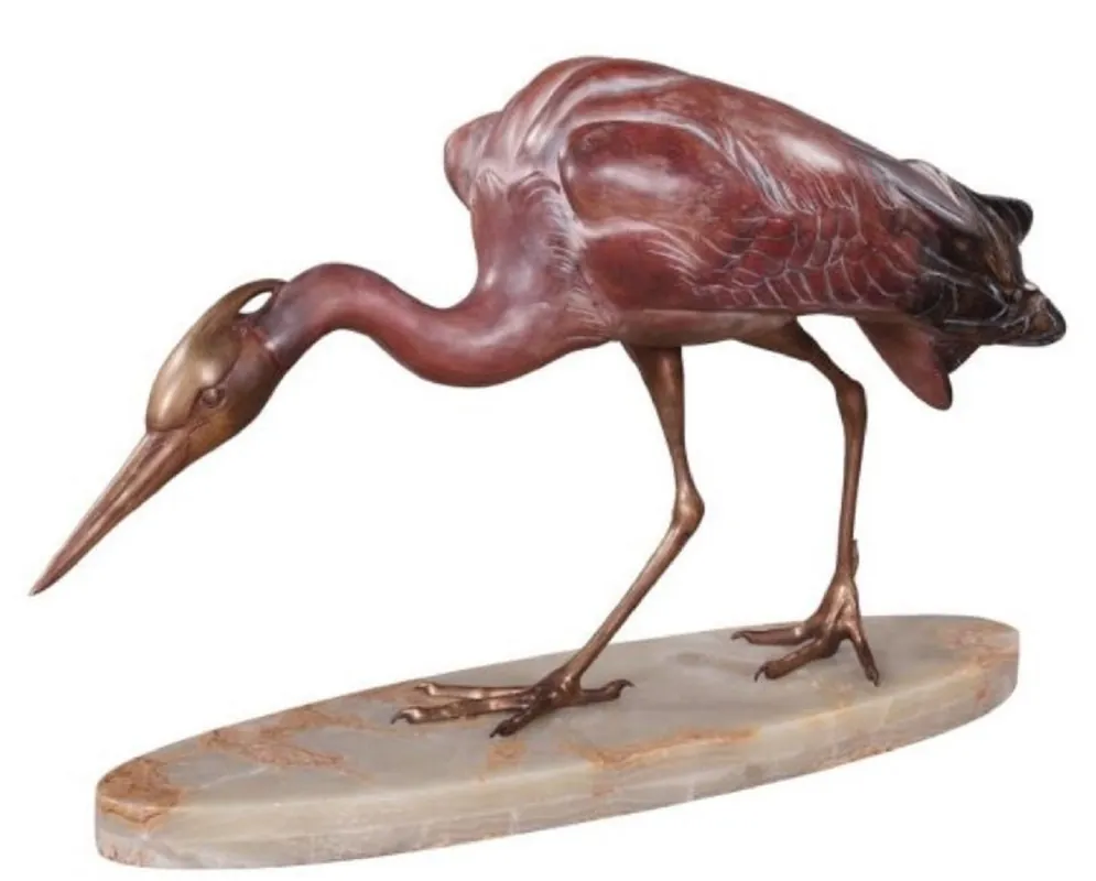 Casa Padrino Luxus Bronzefigur Reiher Mehrfarbig 78 x 21 x H. 45 cm - Luxus Bronze Skulptur auf Marmorsockel Abverkauf