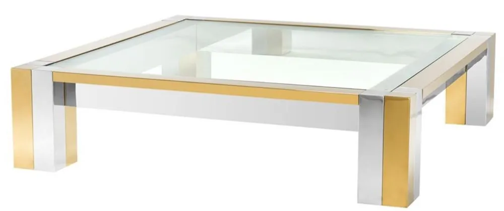 Neue Kollektion Casa Padrino Luxus Edelstahl Couchtisch Silber / Gold 120 x 120 x H. 30 cm - Designer Wohnzimmertisch mit Glasplatte