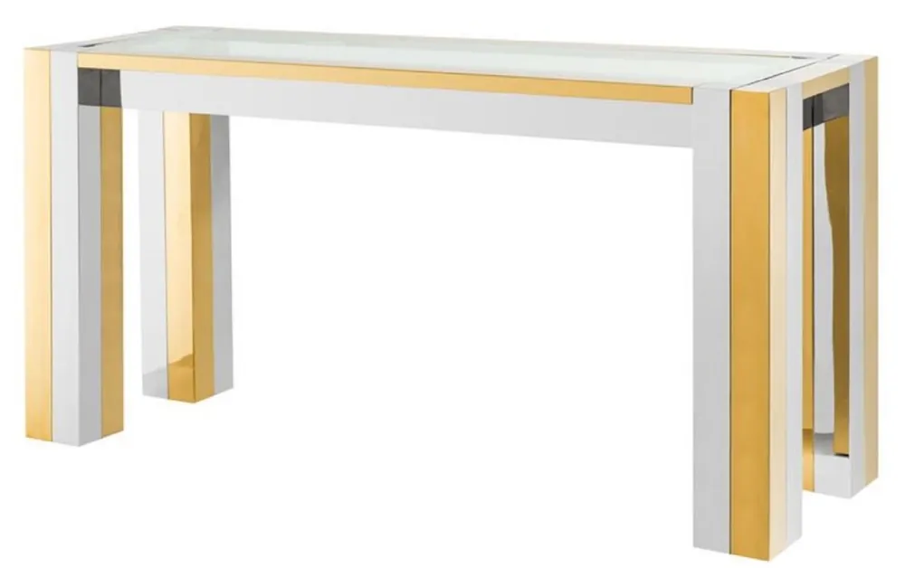 Casa Padrino Luxus Edelstahl Konsole Silber / Gold 160 x 50 x H. 78 cm - Designer Konsolentisch mit Glasplatte Neu