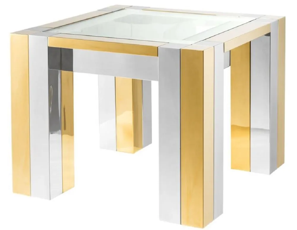 Preisreduziert Casa Padrino Luxus Edelstahl Beistelltisch Silber / Gold 65 x 65 x H. 50 cm - Designer Beistelltisch mit Glasplatte