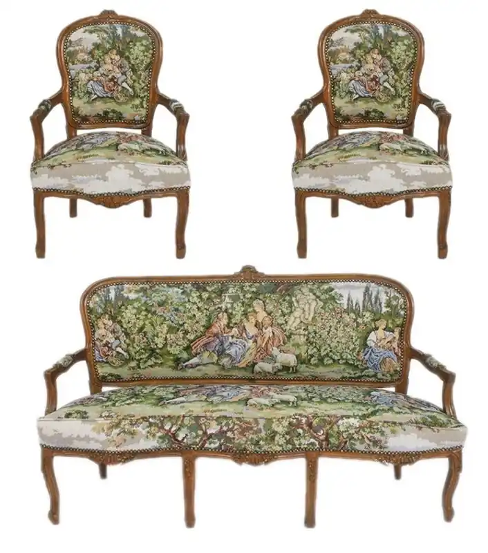 Casa Padrino Barock Sitzbank Set Gobelin / Braun - 1 Sofa + 2 Sessel Letzte Chance
