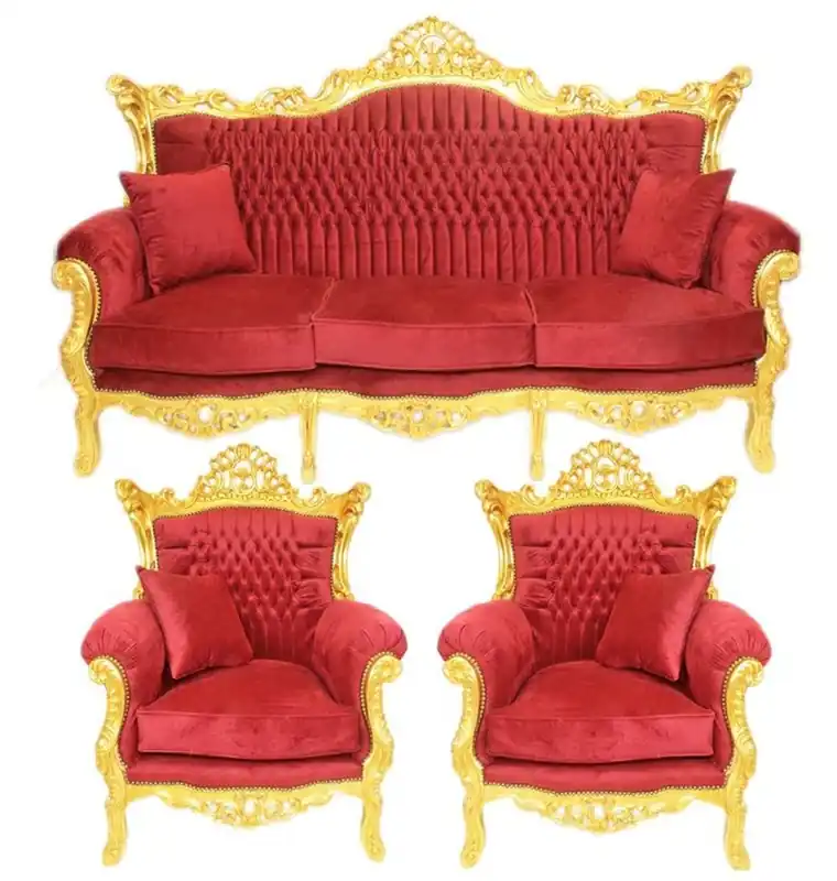 Casa Padrino Barock Wohnzimmer Set Bordeaux Samtstoff / Gold - 3er Sofa + 2 Sessel Knallerangebot