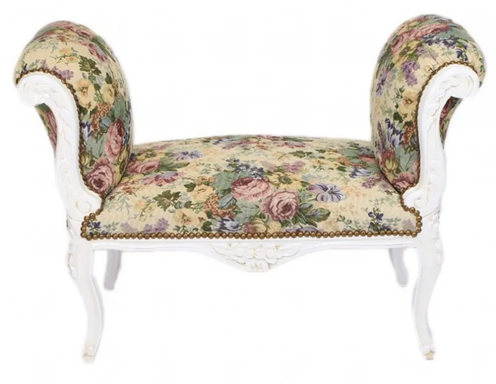 Wochenendangebot Casa Padrino Barock Schemel Hocker Blumen Muster / Antik Weiß - Sitzbank - Barock Möbel Bank B!