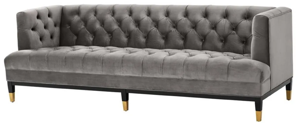 Casa Padrino Luxus Wohnzimmer Sofa Grau / Schwarz / Messingfarben 230 x 85 x H. 79 cm - Chesterfield Samtsofa Markenware
