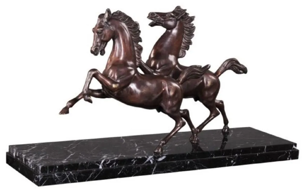 Casa Padrino Luxus Bronzefiguren Pferde Bronze / Schwarz 80 x 25 x H. 43 cm - Elegante Deko Bronze Skulpturen mit Marmorsockel Zertifiziert