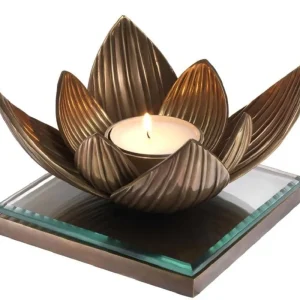 Ausverkauf Casa Padrino Luxus Teelichthalter Lotusblume Vintage Messingfarben 16 x 16 x H. 10,5 cm - Deko Accessoires