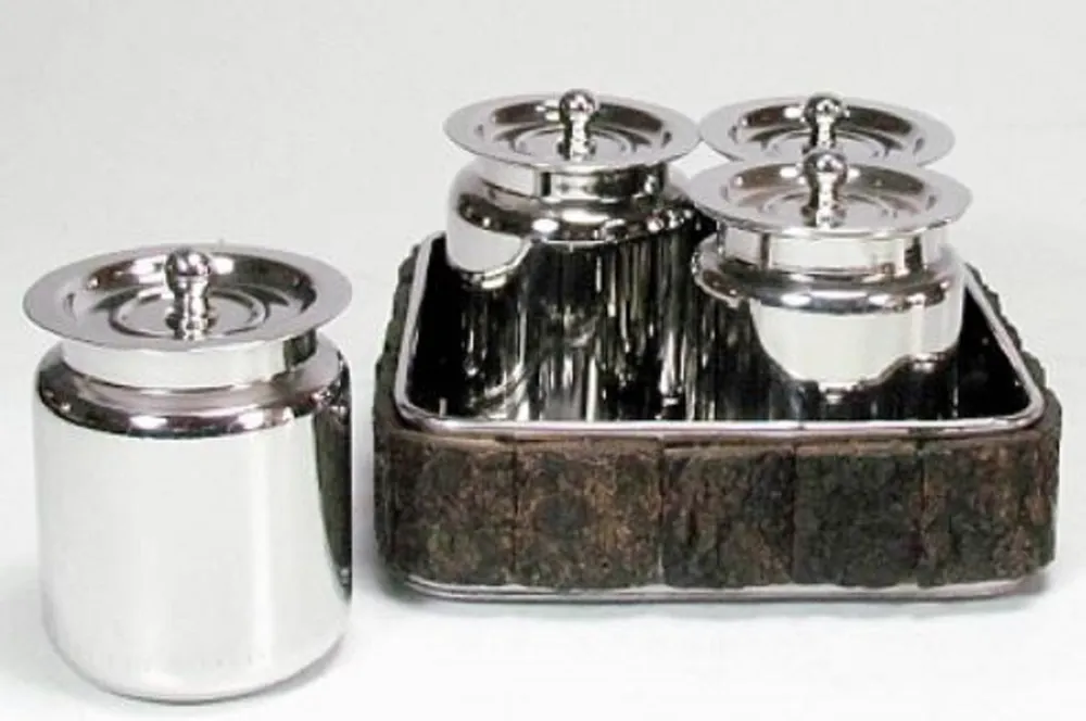 Jetzt Kaufen Casa Padrino Luxus Serviertablett mit 4 Dosen Silber / Braun 15 x 15 x H. 9 cm - Hotel & Restaurant Accessoires