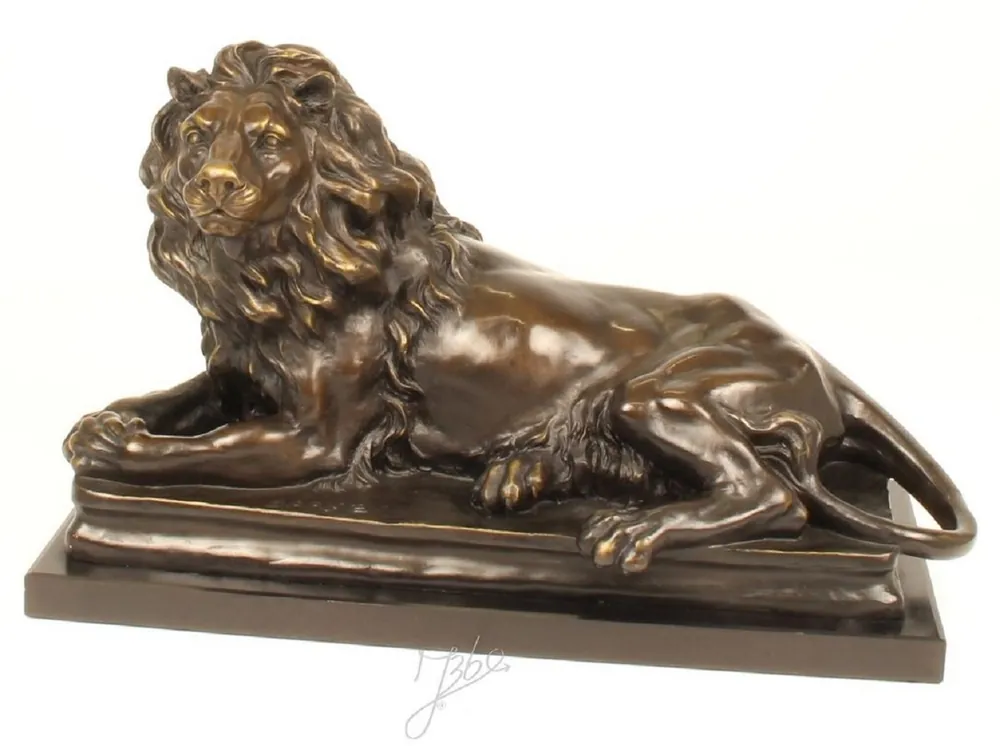 Markenware Casa Padrino Luxus Bronzefigur mit Marmorsockel Liegender Nach Links Schauender Löwe Bronze / Grau H. 38 cm - Luxus Qualität