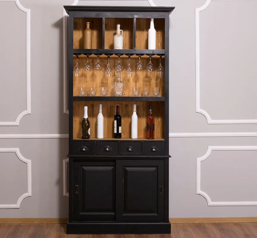 Casa Padrino Landhausstil Weinschrank Schwarz / Naturfarben 103 x 36 x H. 210 cm - Barschrank im Landhausstil Bestseller
