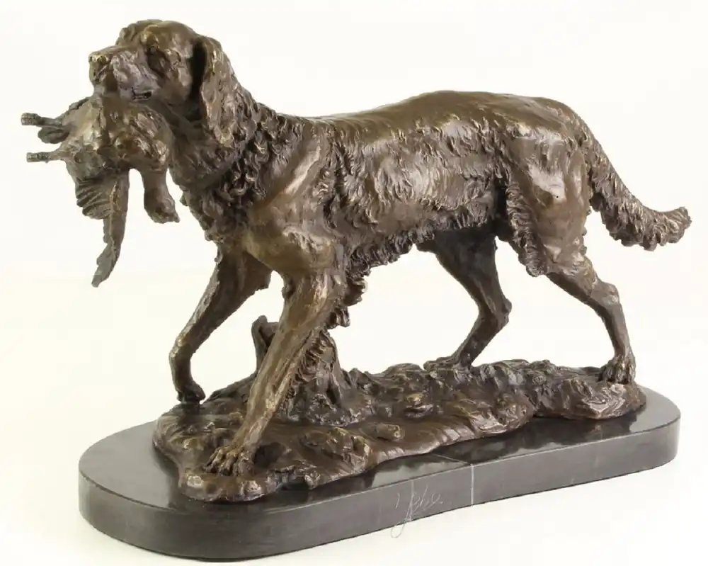 Echt Casa Padrino Luxus Bronze Skulptur Jagdhund Bronze / Gold / Schwarz H. 28 cm - Bronzefigur mit Marmorsockel