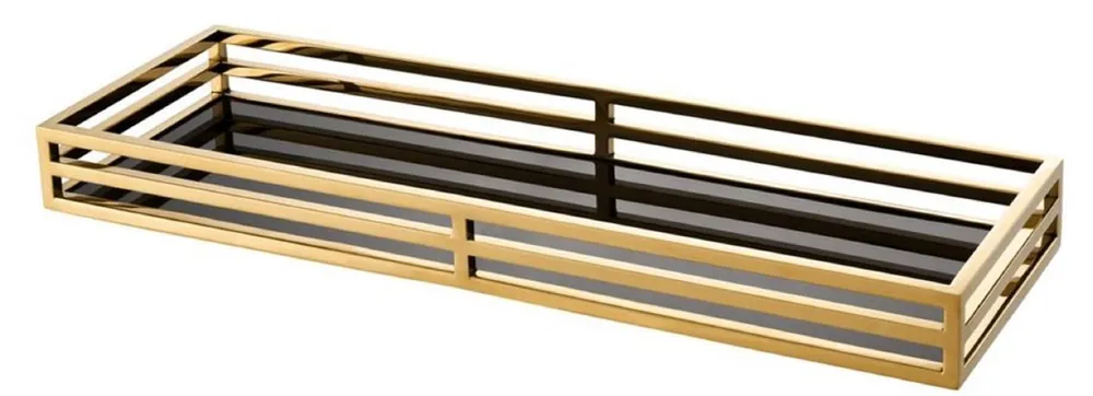 Casa Padrino Luxus Serviertablett Gold / Schwarz 60 x 20 x H. 5,5 cm - Edelstahl Tablett mit schwarzem Spiegelglas Preis Gesenkt