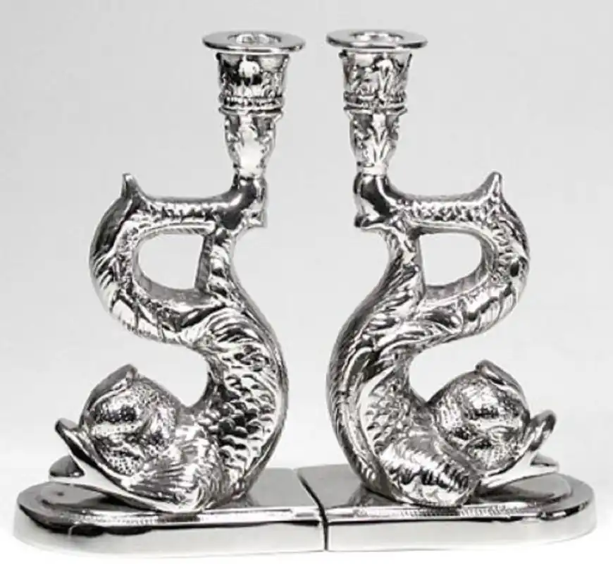 Highlight Casa Padrino Luxus Kerzenhalter Set Fische Silber 12 x 8 x H. 20 cm - Hotel & Restaurant Deko Accessoires