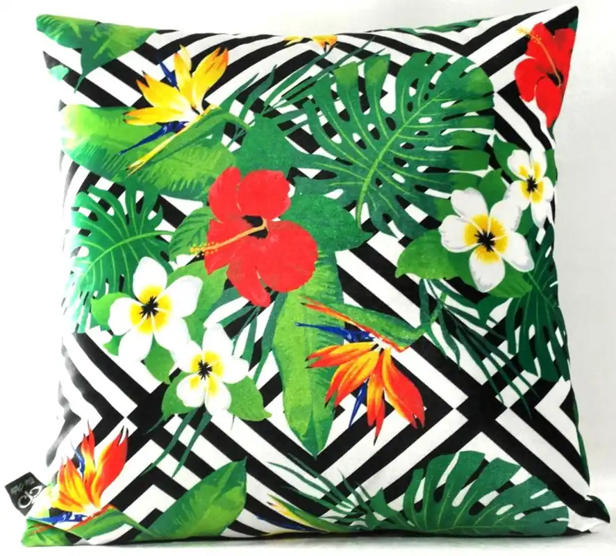 Casa Padrino Luxus Kissen Miami Flowers Schwarz / Weiß / Mehrfarbig 45 x 45 cm - Feinster Samtstoff - Wohnzimmer Deko Zierkissen Aktuell