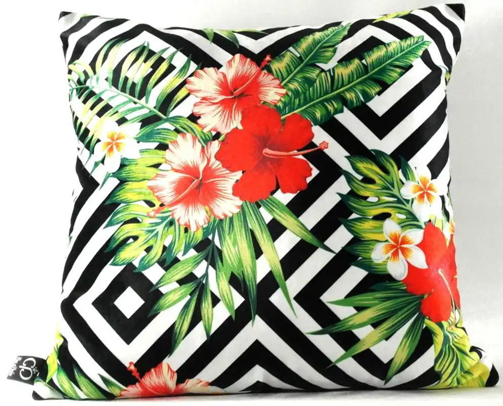 Casa Padrino Luxus Deko Kissen Miami Flowers & Leaves Schwarz / Weiß / Mehrfarbig 45 x 45 cm - Feinster Samtstoff - Luxus Qualität Highlight