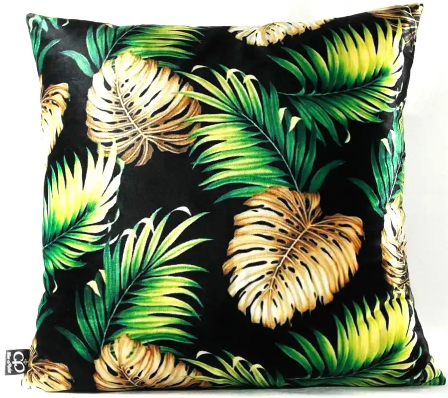 Direktkauf Casa Padrino Luxus Kissen San Francisco Palm Leaves Schwarz / Mehrfarbig 45 x 45 cm - Feinster Samtstoff - Wohnzimmer Deko Accessoires