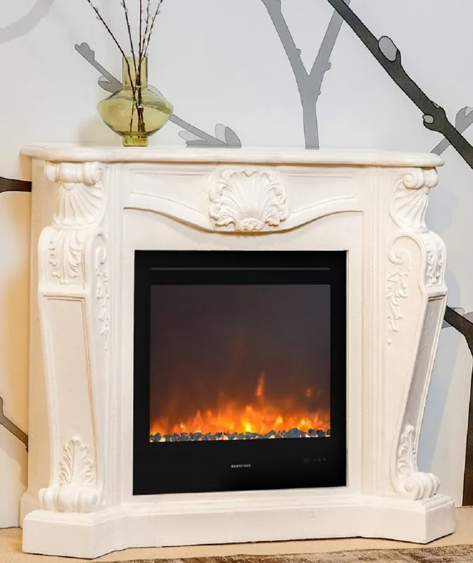 Casa Padrino Luxus Jugendstil Kamin mit LED Kamineinsatz Cremeweiß 118 x 43 x H. 111 cm - Luxus Elektrokamin Saisonangebot