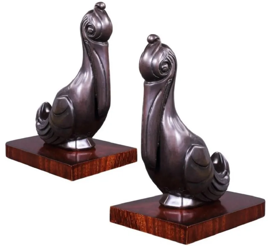 Casa Padrino Luxus Buchstützen Set Pelikane Bronze / Braun 18 x 12 x H. 22 cm - Deko Bronzefiguren mit Holzsockel Rabatt