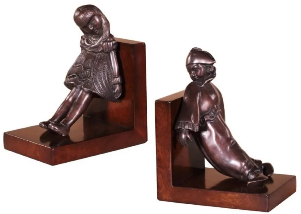 Casa Padrino Luxus Buchstützen Set Mädchen & Clown Bronze / Braun 14 x 10 x H. 17 cm - Deko Bronzefiguren mit Holzsockel Sonderangebot