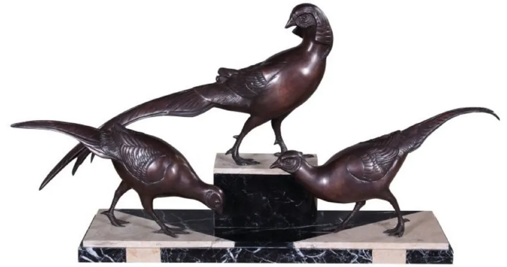 Expressversand Casa Padrino Luxus Deko Bronzefiguren 3 Fasane Bronze / Schwarz / Weiß 84 x 20 x H. 42 cm - Dekofiguren mit Marmorsockel