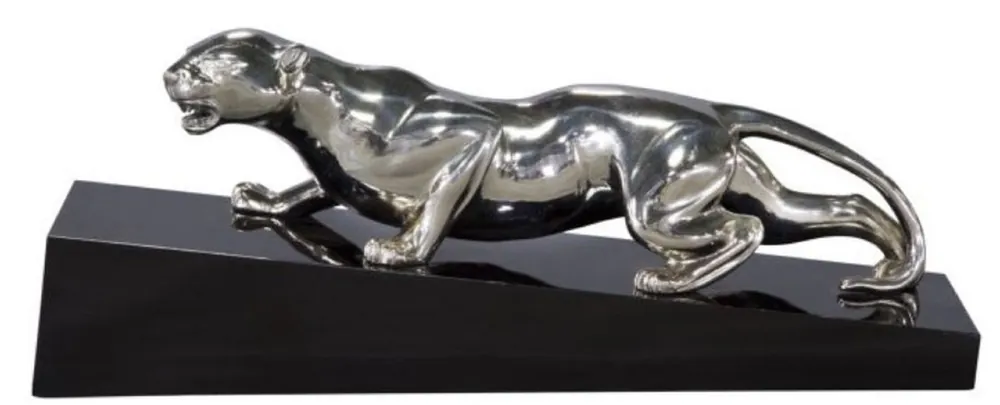 Preiswert Casa Padrino Luxus Bronzefigur Puma Silber / Schwarz 60 x 17 x H. 20 cm - Elegante Dekofigur auf Holzsockel