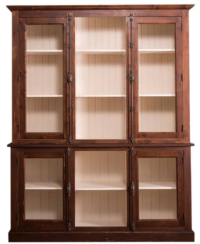 Casa Padrino Landhausstil Wohnzimmerschrank Dunkelbraun / Creme 184 x 48 x H. 228 cm - Massivholz Vitrinenschrank mit 4 Glastüren Markenprodukt