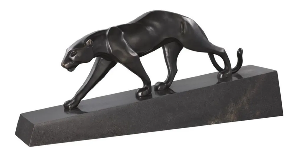 Casa Padrino Luxus Bronzefigur Panther Schwarz / Bronze 64 x 11 x H. 26,5 cm - Elegante Bronze Skulptur auf Marmorsockel Preiswert