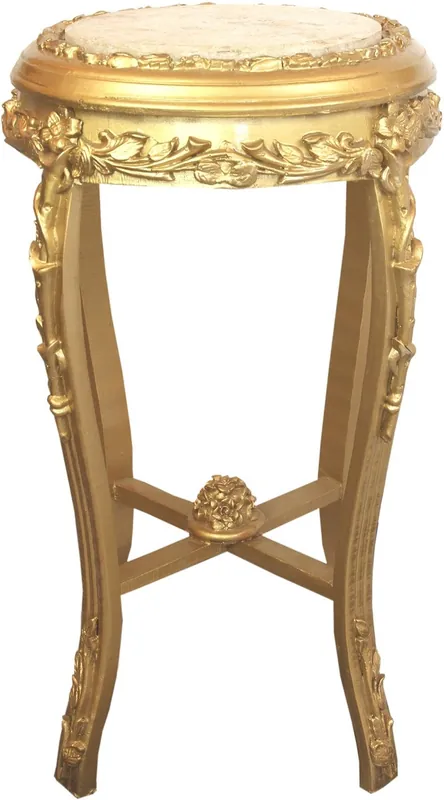 Casa Padrino Barock Beistelltisch mit Marmorplatte Gold / Creme Ø 45 x H. 71,5 cm - Runder handgeschnitzter Antik Stil Telefontisch Blumentisch mit wunderschönen Verzierungen Bestpreis