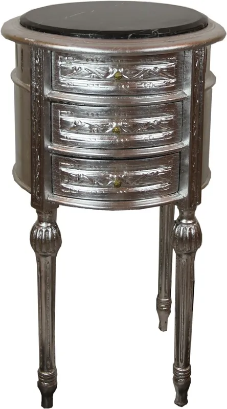 Casa Padrino Barock Beistelltisch mit Marmorplatte Silber / Schwarz Ø 42 x H. 73 cm - Handgefertigte kleine runde Kommode mit 3 Schubladen Preiswert