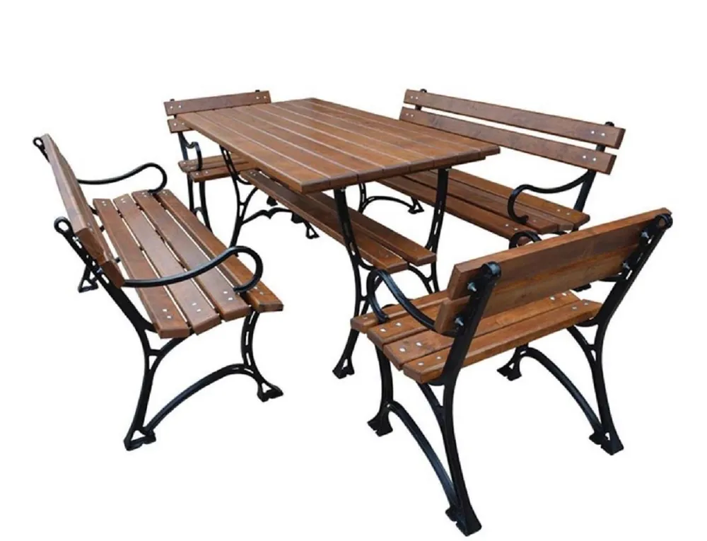 Solange Der Vorrat Reicht Casa Padrino Jugendstil Gartenmöbel Set Tisch 2 Sitzbänke 2 Stühle mit Armlehnen Braun / Schwarz 150 cm - Gartenmöbel
