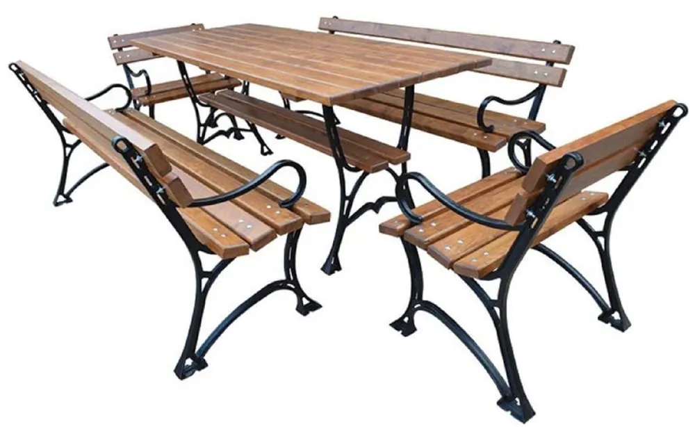 Abverkauf Casa Padrino Jugendstil Gartenmöbel Set Tisch 2 Sitzbänke 2 Stühle mit Armlehnen Braun / Schwarz 180 cm - Gartenmöbel