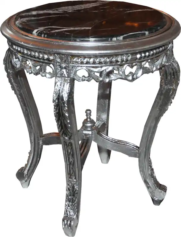 Casa Padrino Barock Beistelltisch Silber mit schwarzer Marmorplatte 48 x 48 x H. 55 cm - Barockmöbel Beistell Tisch Garantierte Lieferung