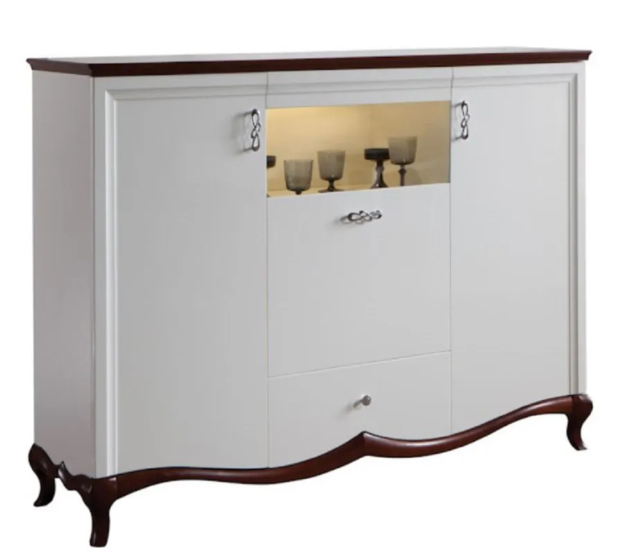 Casa Padrino Luxus Art Deco Barschrank Weiß / Dunkelbraun 164,2 x 46,5 x H. 123 cm - Beleuchteter Wohnzimmerschrank mit 3 Türen und Schublade Begrenztes Angebot