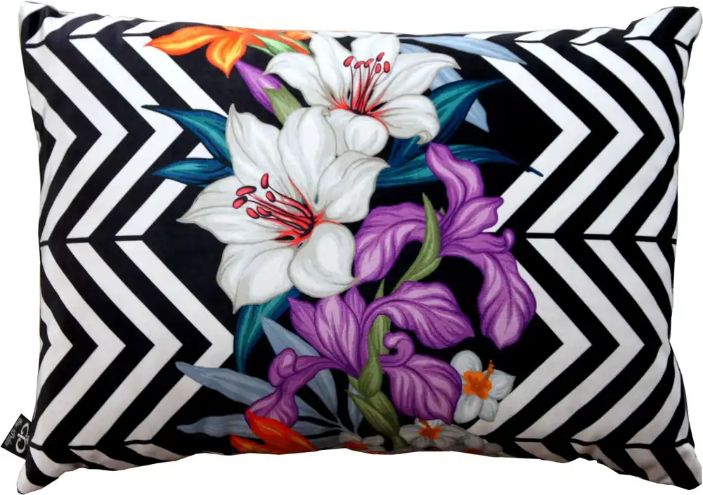 Casa Padrino Wohnzimmer Kissen Georgia Flowers Schwarz / Weiß / Mehrfarbig Lilie 35 x 55 cm - Feinster Samtstoff - Luxus Deko Accessoires Neuheit