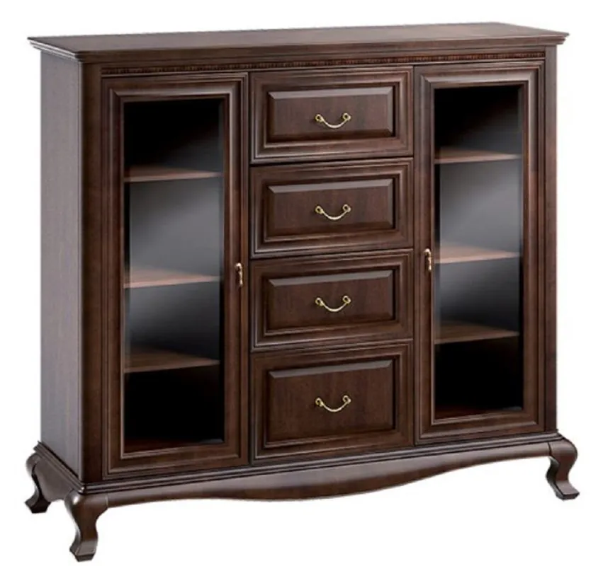 Zertifiziert Casa Padrino Luxus Jugendstil Wohnzimmerschrank Dunkelbraun 148,3 x 45,6 x H. 133,2 cm - Massivholz Schrank mit 2 Glastüren und 4 Schubladen