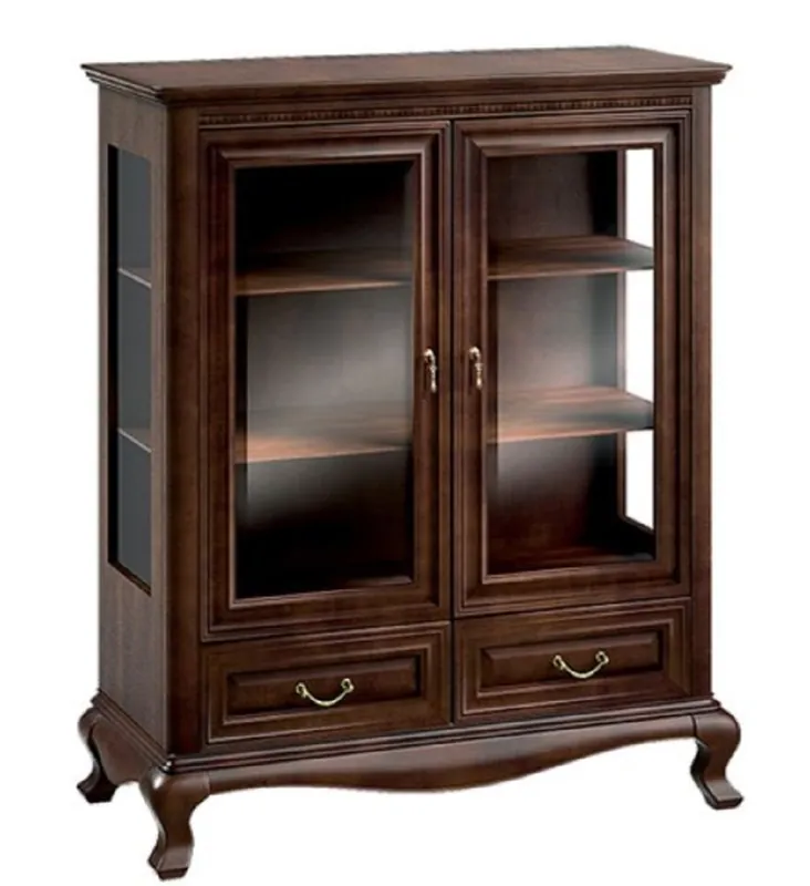 Casa Padrino Luxus Jugendstil Wohnzimmerschrank Dunkelbraun 105,3 x 45,6 x H. 129,9 cm - Massivholz Schrank mit 2 Glastüren und 2 Schubladen Must-Have