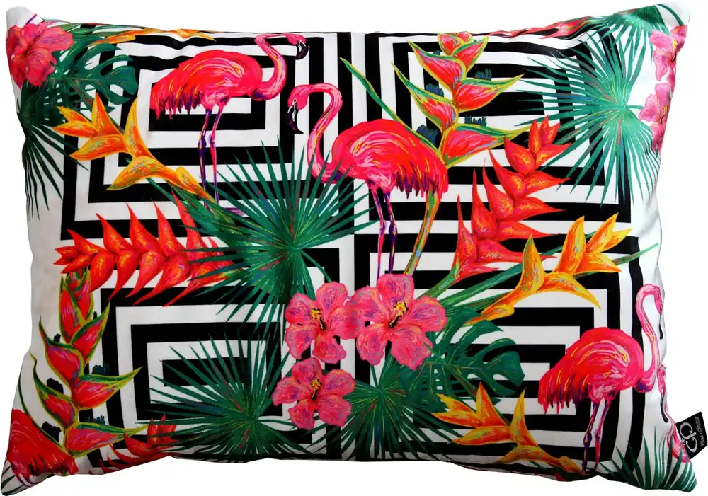 Expressversand Casa Padrino Luxus Kissen Miami Flamingos & Flowers Mehrfarbig 35 x 55 cm - Feinster Samtstoff - Deko Wohnzimmer Kissen