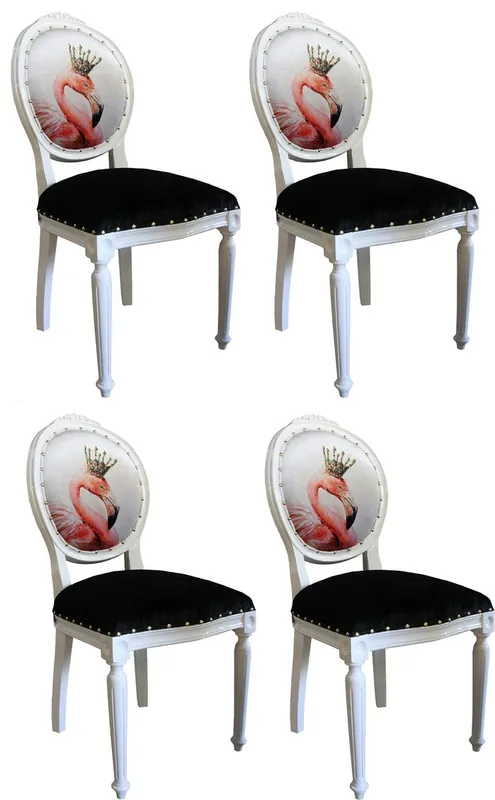Casa Padrino Luxus Barock Esszimmer Set Flamingo mit Krone Weiß / Schwarz / Mehrfarbig 48 x 50 x H. 98 cm - 4 handgefertigte Esszimmerstühle mit Bling Bling Glitzersteinen - Barock Esszimmermöbel Neu