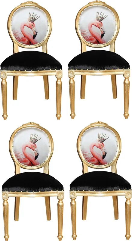 Casa Padrino Luxus Barock Esszimmer Set Flamingo mit Krone Gold / Schwarz / Mehrfarbig 48 x 50 x H. 98 cm - 4 handgefertigte Esszimmerstühle mit Bling Bling Glitzersteinen - Barock Esszimmermöbel Neu