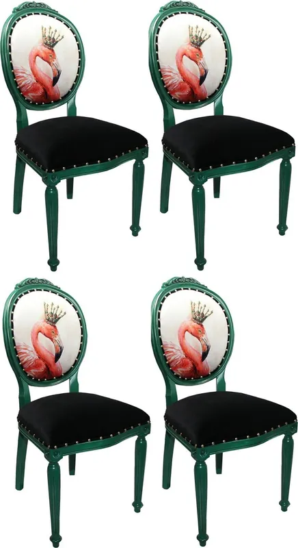 Casa Padrino Luxus Barock Esszimmer Set Flamingo mit Krone Grün / Schwarz / Mehrfarbig 48 x 50 x H. 98 cm - 4 handgefertigte Esszimmerstühle mit Bling Bling Glitzersteinen - Barock Esszimmermöbel Ausverkauf