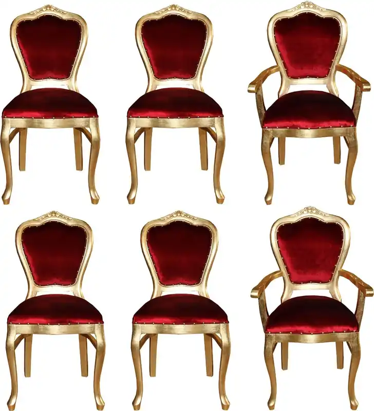 Schneller Versand Casa Padrino Luxus Barock Esszimmer Set Bordeauxrot / Gold - 6 handgefertigte Esszimmerstühle - 2 Stühle mit Armlehnen und 4 Stühle ohne Armlehnen - Barock Esszimmermöbel
