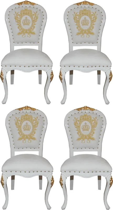 Pompöös by Casa Padrino Luxus Barock Esszimmerstühle mit Krone Weiß / Gold - Pompööse Barock Stühle designed by Harald Glööckler - 4 Esszimmerstühle - Barock Esszimmermöbel Preis Gesenkt