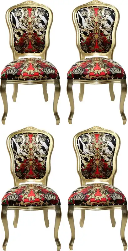 Markenprodukt Pompöös by Casa Padrino Luxus Barock Esszimmerstühle Krone Schwarz / Weiß / Rot / Gold - Pompööse Barock Stühle designed by Harald Glööckler - 4 Esszimmerstühle
