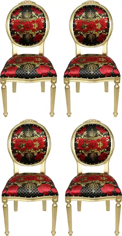 Schneller Versand Pompöös by Casa Padrino Luxus Barock Esszimmerstühle Rosen Schwarz / Rot / Gold - Pompööse Barock Stühle designed by Harald Glööckler - 4 Esszimmerstühle