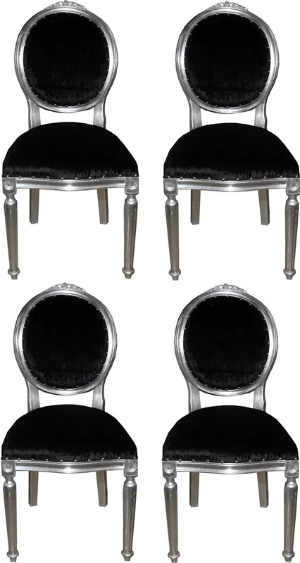 Casa Padrino Luxus Barock Esszimmer Set Medaillon Schwarz / Silber 50 x 52 x H. 99 cm - 4 handgefertigte Esszimmerstühle - Barock Esszimmermöbel Sichere Zahlung