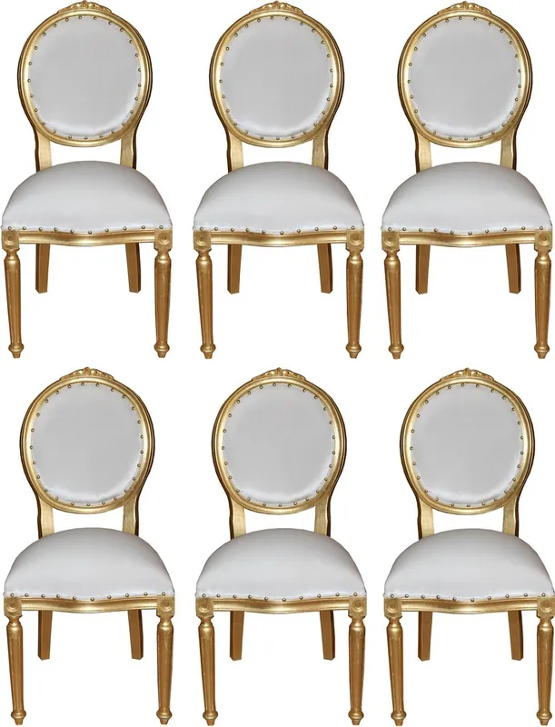 Casa Padrino Luxus Barock Esszimmer Set Medaillon Weiß / Gold 50 x 52 x H. 99 cm - 6 handgefertigte Esszimmerstühle - Barock Esszimmermöbel Direkt Vom Hersteller