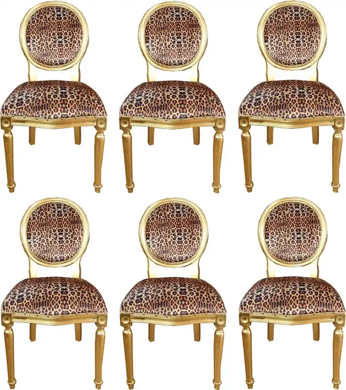 Highlight Casa Padrino Luxus Barock Esszimmer Set Medaillon Leopard / Gold 50 x 52 x H. 99 cm - 6 handgefertigte Esszimmerstühle - Barock Esszimmermöbel